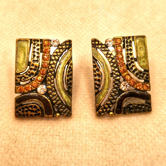 Vintage bronze tone enamel earrings - Picture 1 of 5